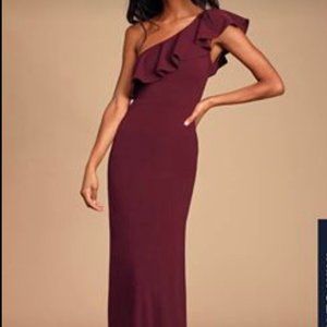 Lulu's Burgundy One-Shoulder Ruffle Maxi Dress